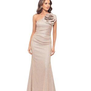 Betsy & Adam Women's Metallic Rosette One-Shoulder Gown White/Pink/Gold Size 10